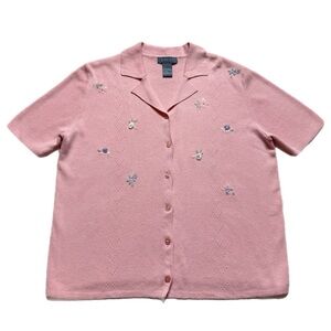 VTG 90s Pastel Pink Camp Collar Dainty Floral Embroidery Cardigan L